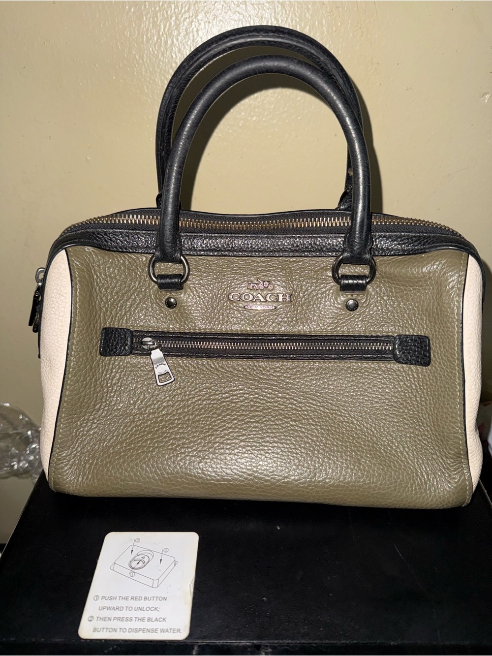 Coach Olive Green Pebbled Leather Satchel with Black Handles and Cream Sides